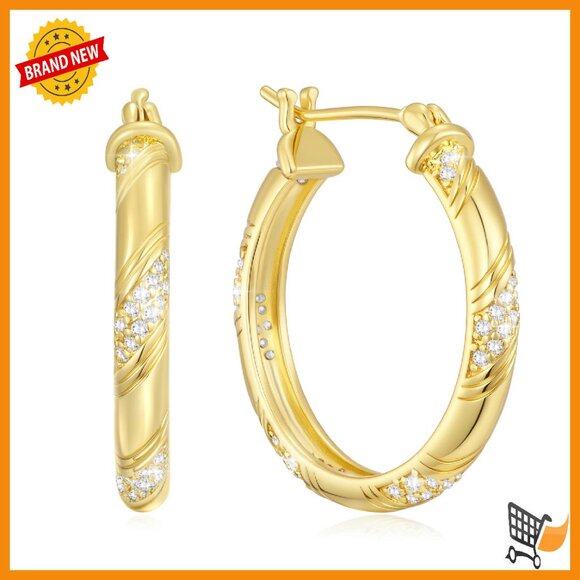 14K Gold Hoop Earrings 25mm with CZ Pavé Hypoallergenic